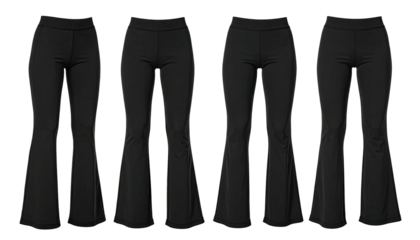 Four pairs of black flared pants on a dark background