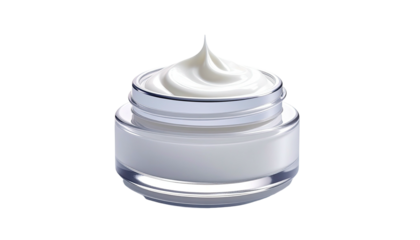 Open glass jar with smooth, white cream against a black backdrop