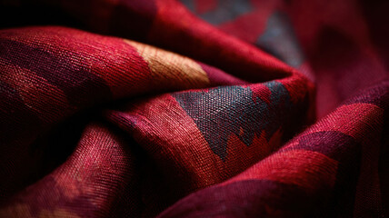 Rich ruby textile pattern woven fabric ethnic design deep red cloth black onyx accents handwoven texture bold motif soft drape artisanal weave cultural craft evokes warmth and elegance