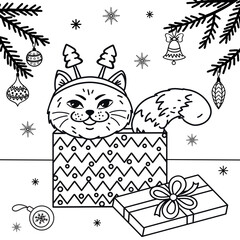 Christmas coloring book for kids. A cute cat is sitting in a gift box under the fir branches. The coloring sheet is an instruction, you can print it out and color it to your liking.