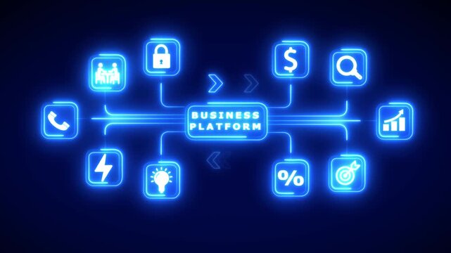 Diagram of a business platform with connected icons for communication finance and efficiency on a dark blue background Keywords: business platform technology diagram connection network icons