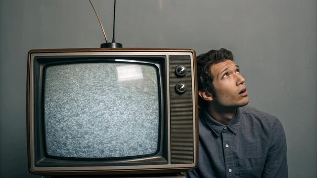 Young man beside vintage television static screen looking upward curious. man watching old television with static and antenna curious expression