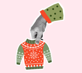Halftone vector hand holding ugly Christmas sweater, Holiday collage party poster