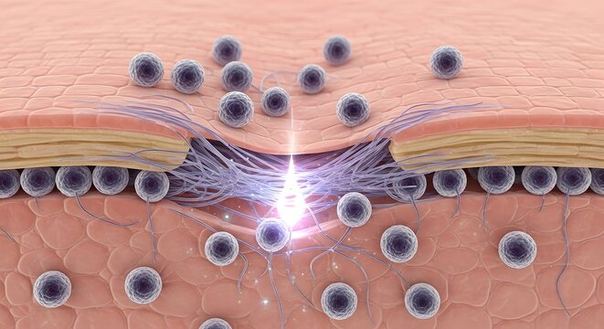 Microscopic view of skin regeneration and collagen production with nanoparticles