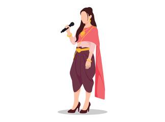 woman in a traditional Thai Chut Thai dress with gold jewelry, sings into a microphone