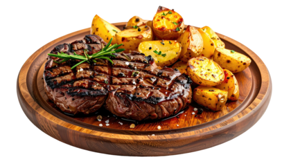 Grilled steak and potatoes served on a wooden platter