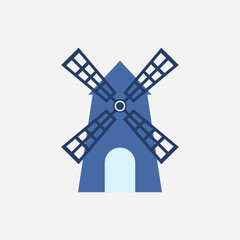 Simple blue windmill silhouette icon symbolizing renewable energy, sustainability, and traditional rural power. Ideal for logos, apps, and eco-themed designs. Vector
