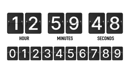 Obraz premium Flip Clock Timer Vector – Retro Black Flap Board Display Showing Hours Minutes Seconds, Mechanical Countdown Clock Numbers Set, Vintage Time Indicator Design Element