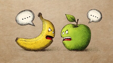 Cartoon Banana and Apple Arguing with Speech Bubbles Depicting Conflict and Disagreement.