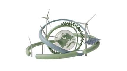 Sustainable Energy Concept Art Featuring Wind Turbines and Solar Panel Around Globe Isolated on Transparent Background