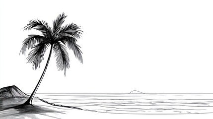 Coastal scene palm tree silhouette on white background with copy space