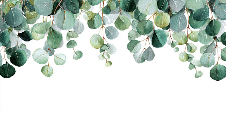 Hand-painted watercolor eucalyptus branches forming a delicate top border frame on white background, modern Christmas greenery botanical illustration.