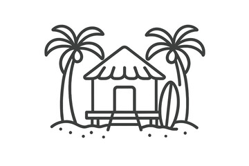 Tropical beach hut with palm trees and surfboard line art