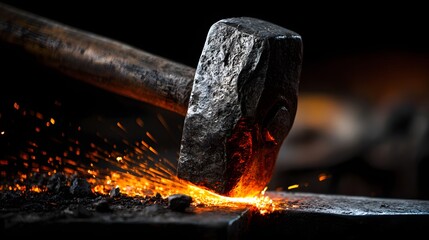 Close-up of a blacksmith hammering hot metal, sparks flying, creating a fiery display.