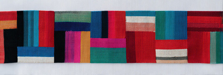 Colorful patchwork textile fabric stripe, woven ethnic pattern, vibrant geometric blocks create bold abstract banner, handmade craft detail with bright hues and clean minimal background