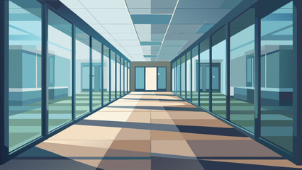 Modern office corridor with large windows