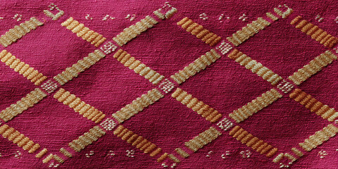 Pink textile woven fabric ethnic pattern diamond lattice geometric motif gold thread traditional craft handmade texture cultural design decorative cloth evokes warm elegance and artisanal charm