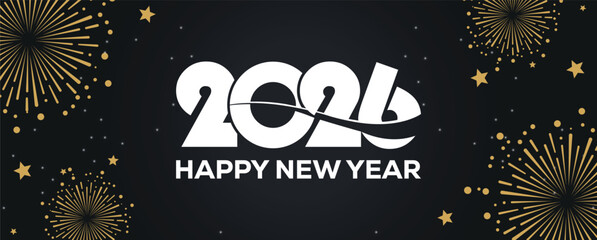 Festive black banner with bold white 2025 Happy New Year typography, surrounded by elegant golden fireworks and sparkling stars, perfect for holiday greetings, celebrations, party invitations. © bibin