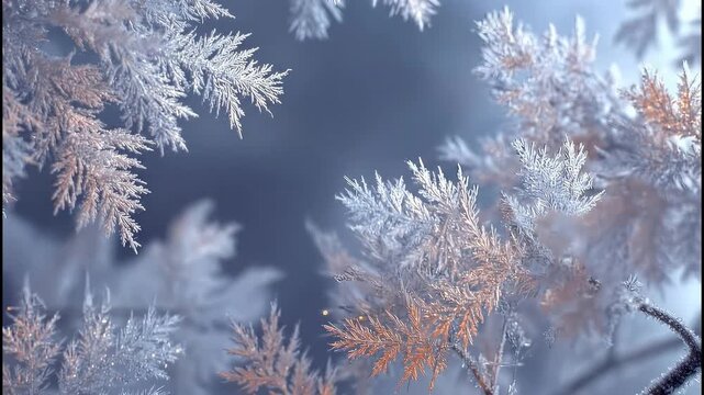 Frost-covered leaves with soft light in a winter landscape  