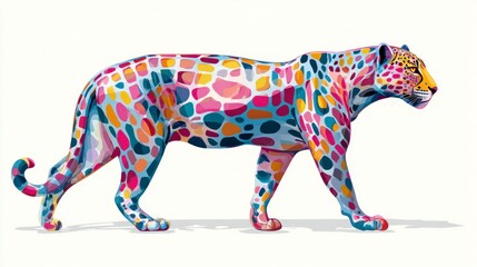 Colorful jaguar illustration walking against white background artwork
