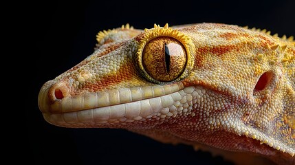 Close-up of a Crested Geckos Head - Detailed Portrait Against Black Background.