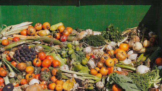 Dumpster Filled with Discarded Vegetables and Fruits as Food Waste
