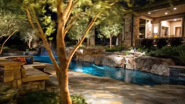 Illuminated pool area at night with lush trees and ambient lighting