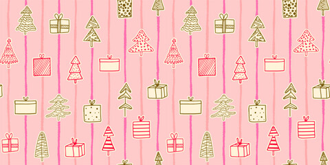 Pink Christmas seamless vector pattern with trees and presents for wrapping paper, holiday backgrounds and package designs