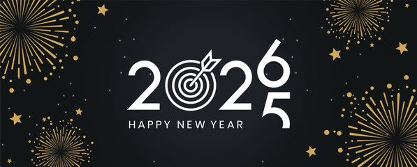 Festive black banner with bold white 2025 Happy New Year typography, surrounded by elegant golden fireworks and sparkling stars, perfect for holiday greetings, celebrations, party invitations. © bibin