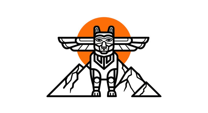 Stylized totem pole with mountains and sun against white background