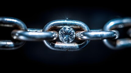 Close-up of a diamond embedded in a silver chain link, dark background.