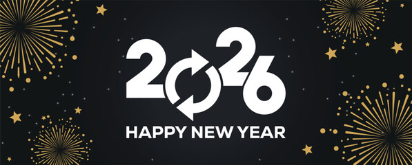 Festive black banner with bold white 2025 Happy New Year typography, surrounded by elegant golden fireworks and sparkling stars, perfect for holiday greetings, celebrations, party invitations. © bibin