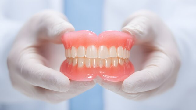 Close-up of a dentist holding a set of dentures with white gloves for dental care.