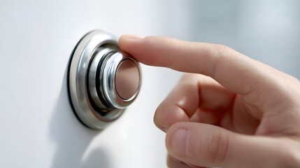 Close-up of a finger pressing a shiny, metallic doorbell button on a white surface.