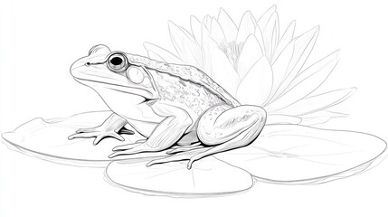 Detailed drawing of a frog resting on a lily pad in a natural setting