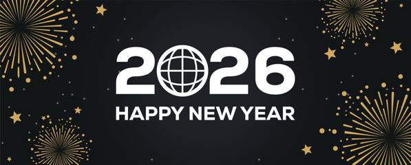 Festive black banner with bold white 2025 Happy New Year typography, surrounded by elegant golden fireworks and sparkling stars, perfect for holiday greetings, celebrations, party invitations. © bibin