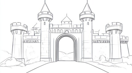 Detailed pencil sketch of a medieval castle with towers and gateway