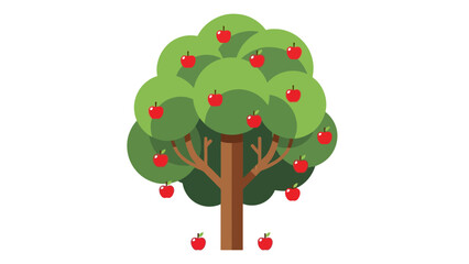 An illustration of an apple tree with red apples scattered around
