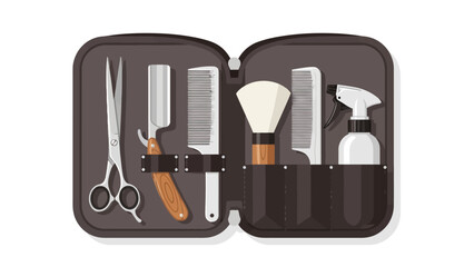 Barber kit with tools including scissors razor combs brush and spray bottle