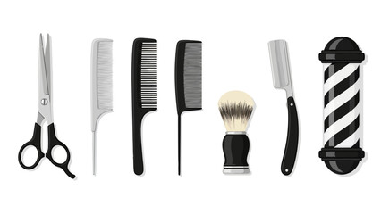Barber shop tools including scissors combs brush razor and pole