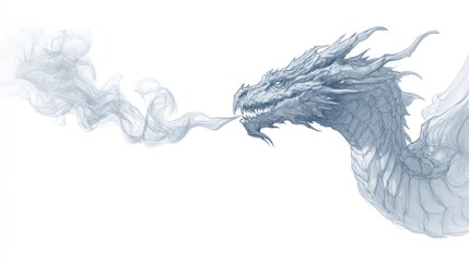 Fantasy dragon illustration with smoke on white background for digital art