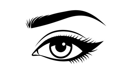 Black and white illustration of an open eye with eyelashes and an eyebrow