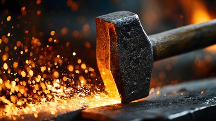 Close-up of a Hammer Forging Metal with Sparks and Intense Heat.