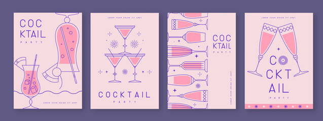 Set of line art holiday cocktail party posters with cocktail and champagne glasses. Restaurant menu design. Vector illustration © annbozhko