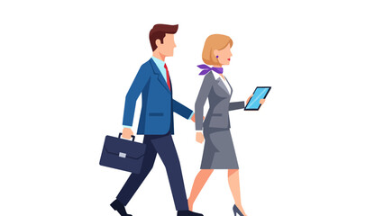 Business man and woman walking with briefcase and tablet