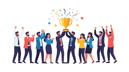 Business team celebrating with a trophy and confetti