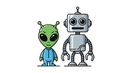 Cartoon alien and robot characters standing sidebyside