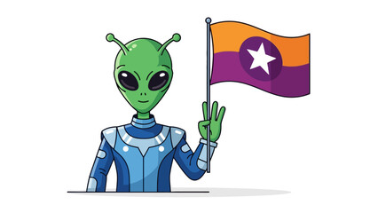 Cartoon alien in a spacesuit holds a flag with a star
