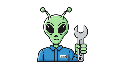 Cartoon alien mechanic with a wrench and a name tag