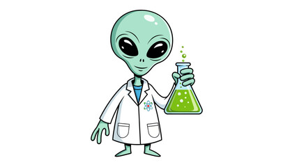 Cartoon alien scientist holding a flask of green liquid